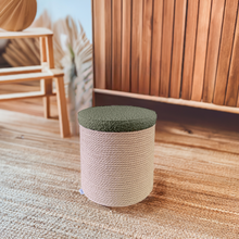 Load image into Gallery viewer, "Cima" container pouf in Bouclè Olive fabric and rope
